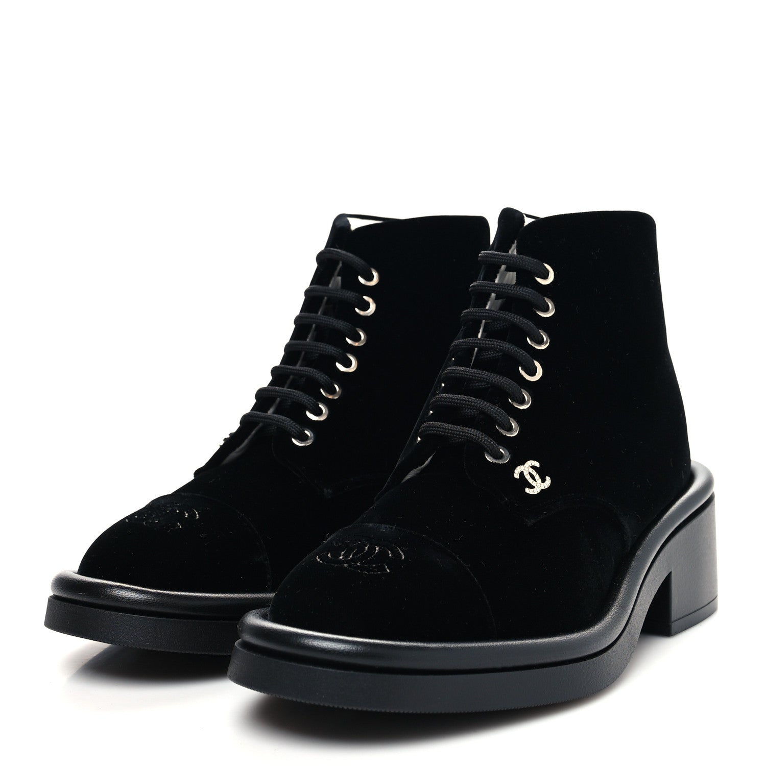Chanel Velvet Crystal CC Lace Up Combat Boots 35 Black 3 of 8