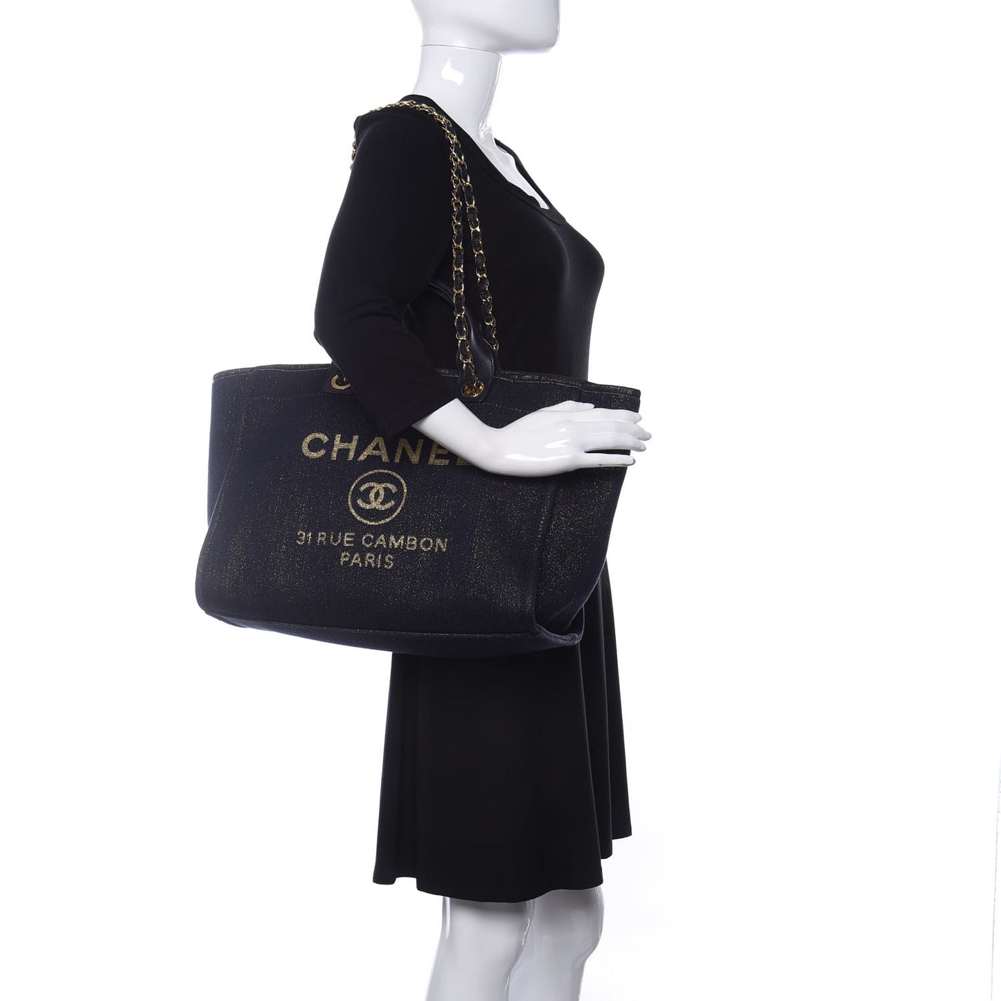 Lurex Canvas Medium Deauville Tote Navy Blue Gold