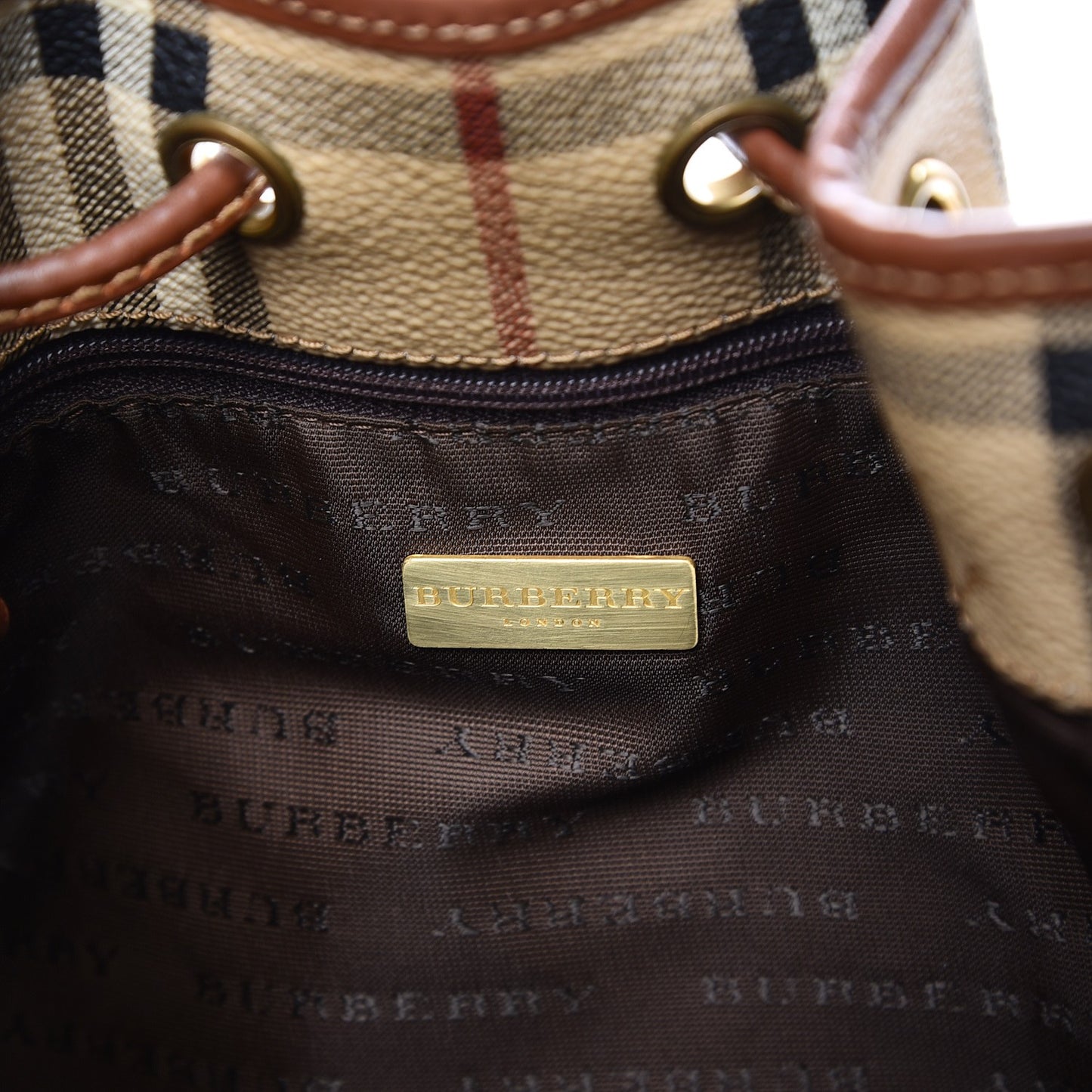Haymarket Check Drawstring Bucket Bag Brown