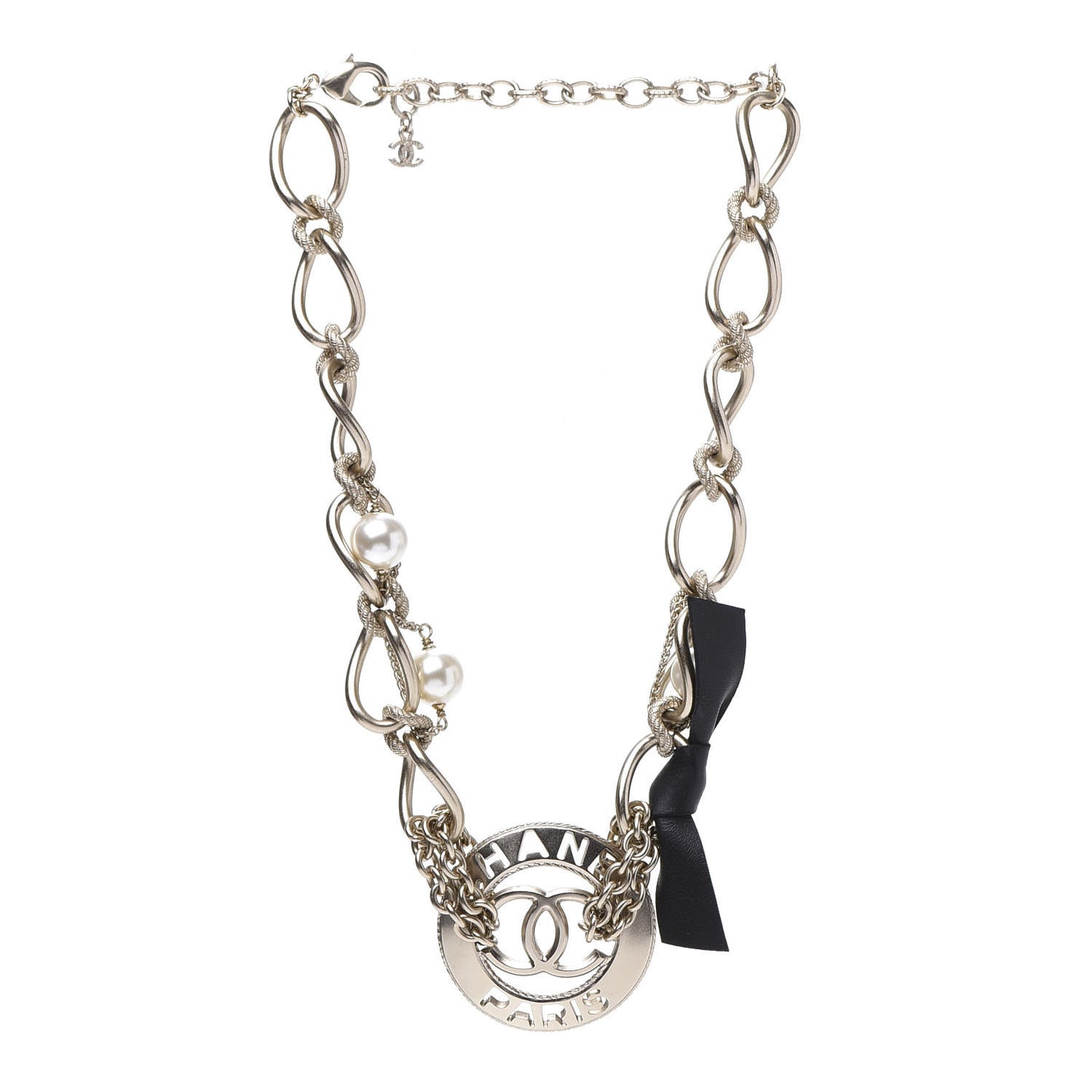Metal Pearl Chain CC Paris Pendant Necklace Light Gold