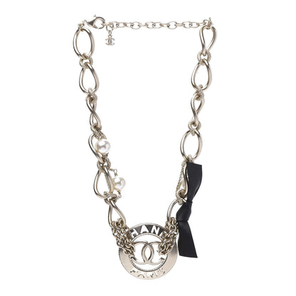 Chanel Metal Pearl Chain CC Paris Pendant Necklace Light Gold 3 of 8