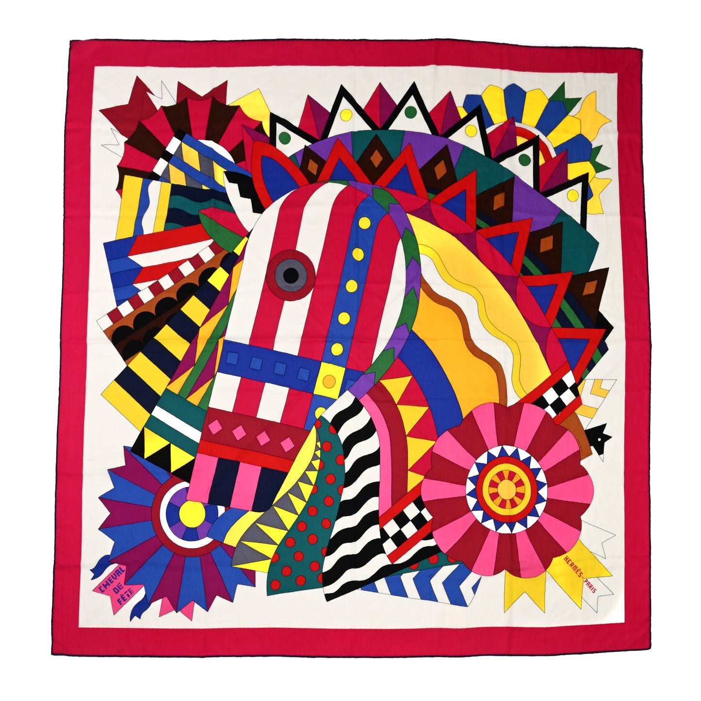 Cashmere Silk Cheval De Fete Shawl 140 Rose Vif White Multicolor