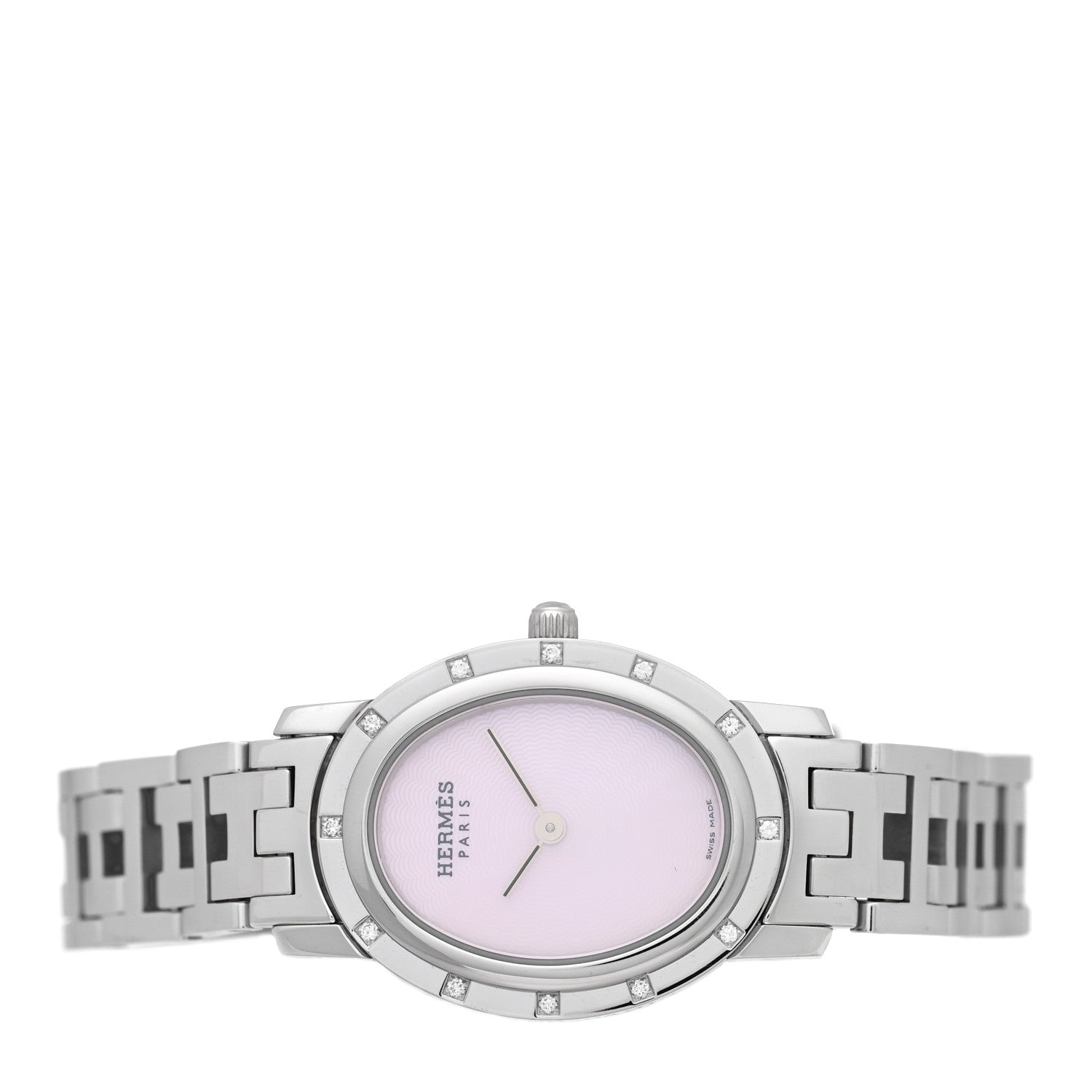 Hermes Stainless Steel Diamond Pink Mother of Pearl 22mm Clipper Oval Quartz Watch 2 of 4