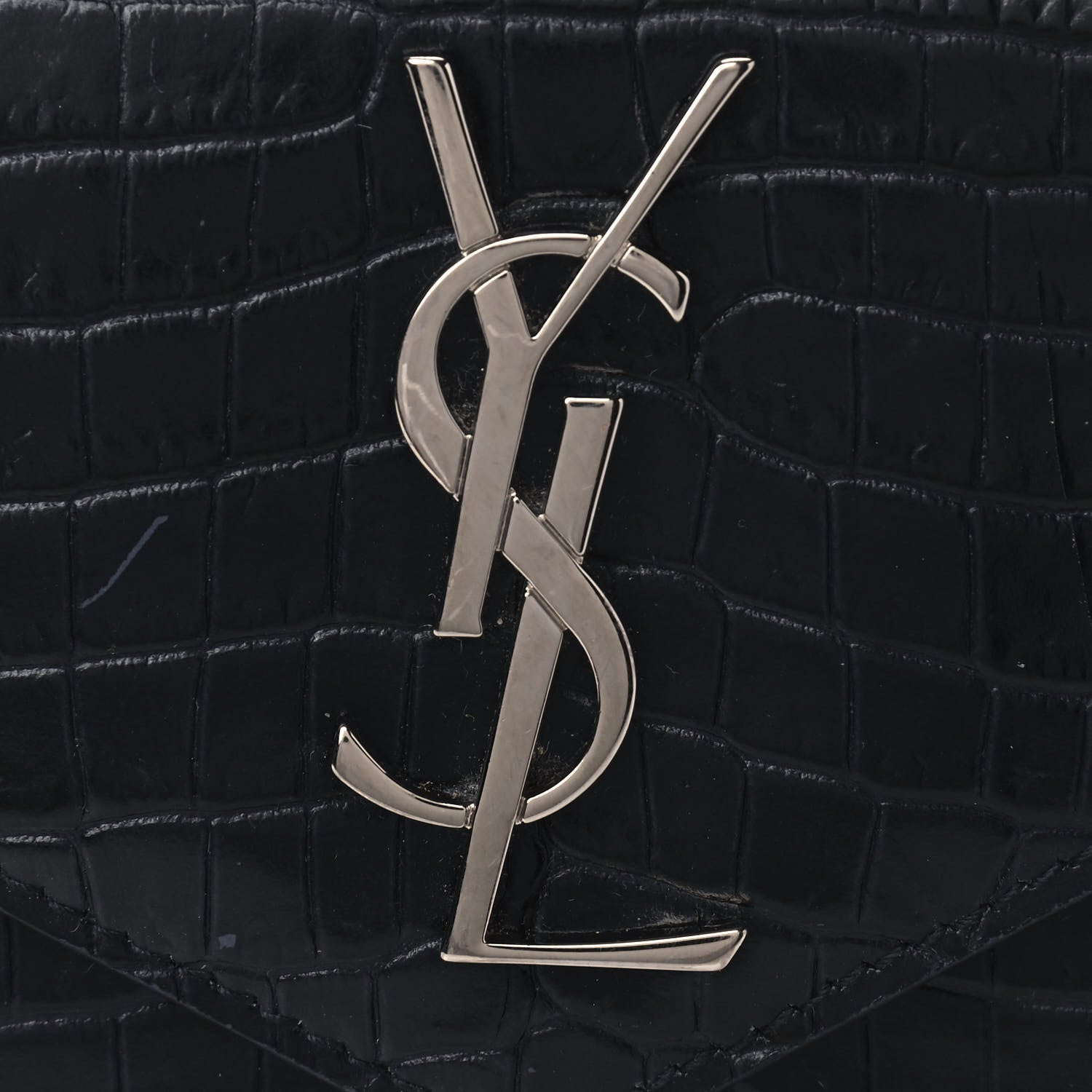 Saint Laurent Calfskin Crocodile Embossed Small Monogram Envelope Wallet Deep Marine 5 of 5