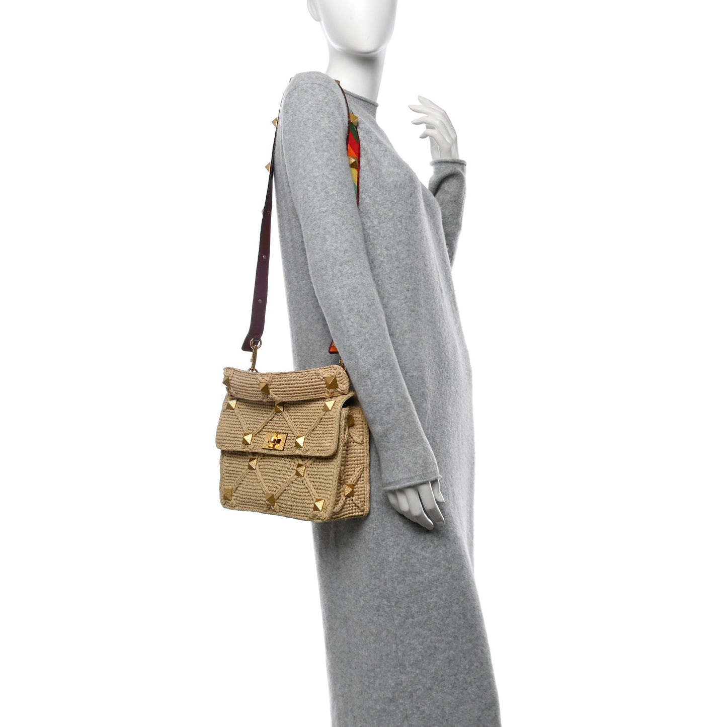 Raffia Large Roman Stud Shoulder Bag Naturale Multicolor