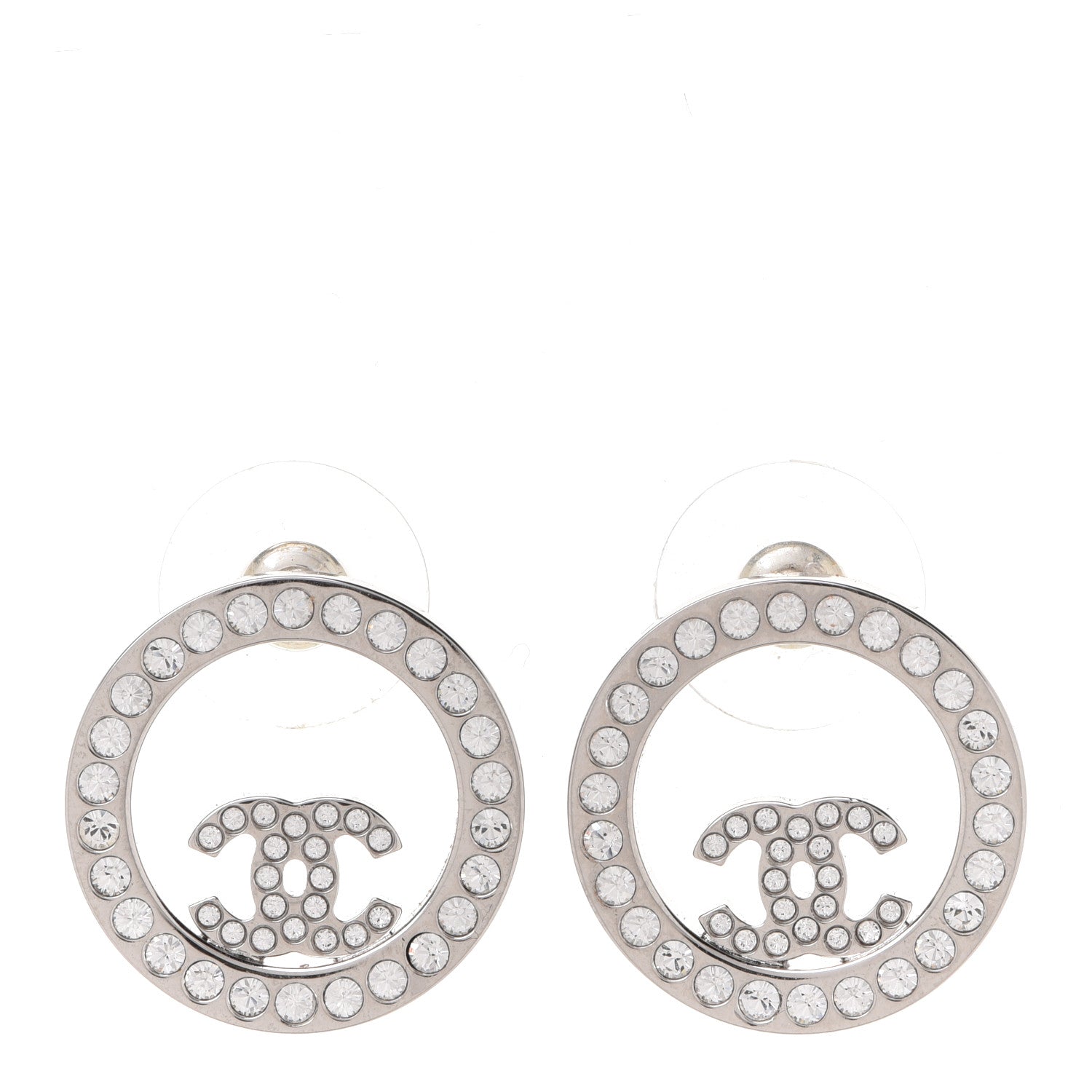 Chanel Crystal CC Round Earrings Silver 1 of 5