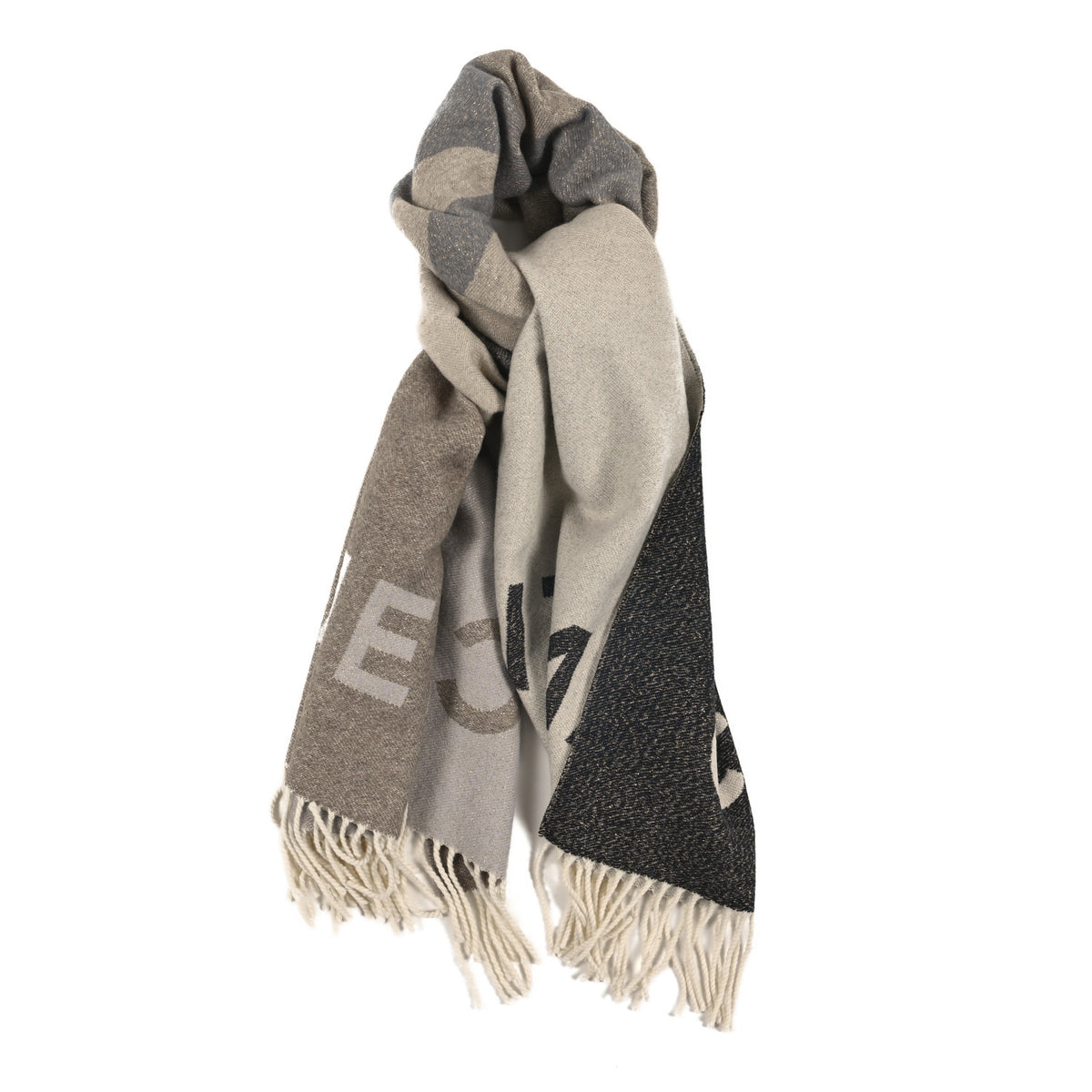 Chanel Cashmere Silk Logo Fringe Stole Beige Anthracite 1 of 3