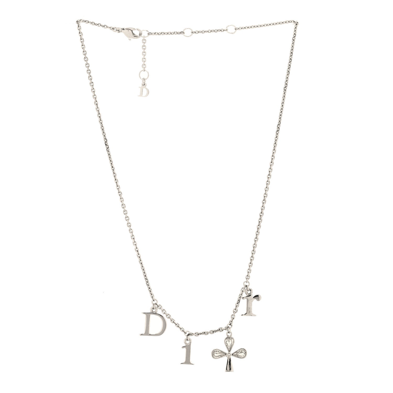 Christian Dior Metal Crystal Logo Clover Necklace Silver 3 of 5