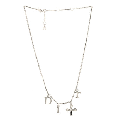 Christian Dior Metal Crystal Logo Clover Necklace Silver 3 of 5