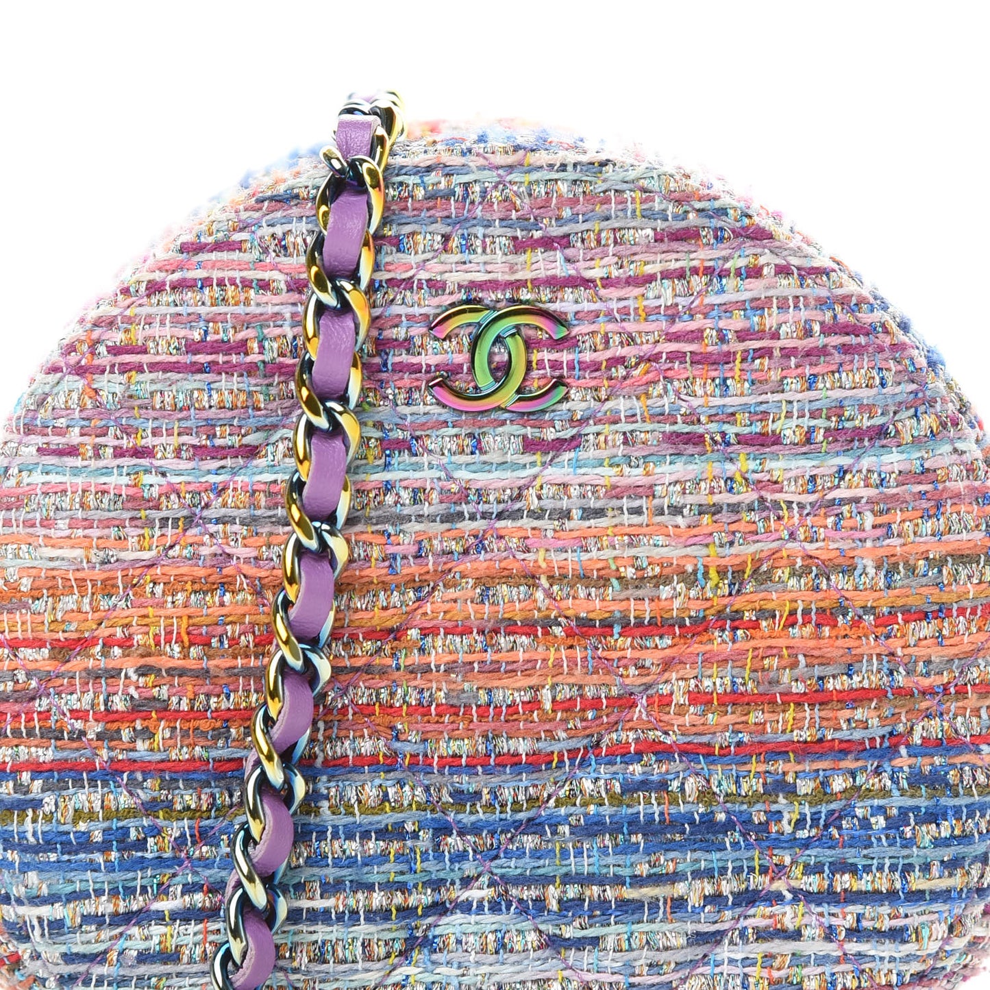 Tweed Quilted Round Clutch With Chain Blue Pink Orange