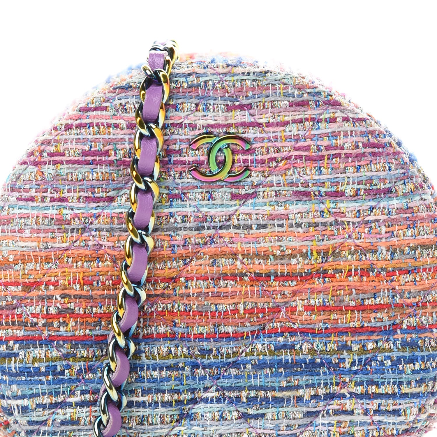 Chanel Tweed Quilted Round Clutch With Chain Blue Pink Orange 8 of 11
