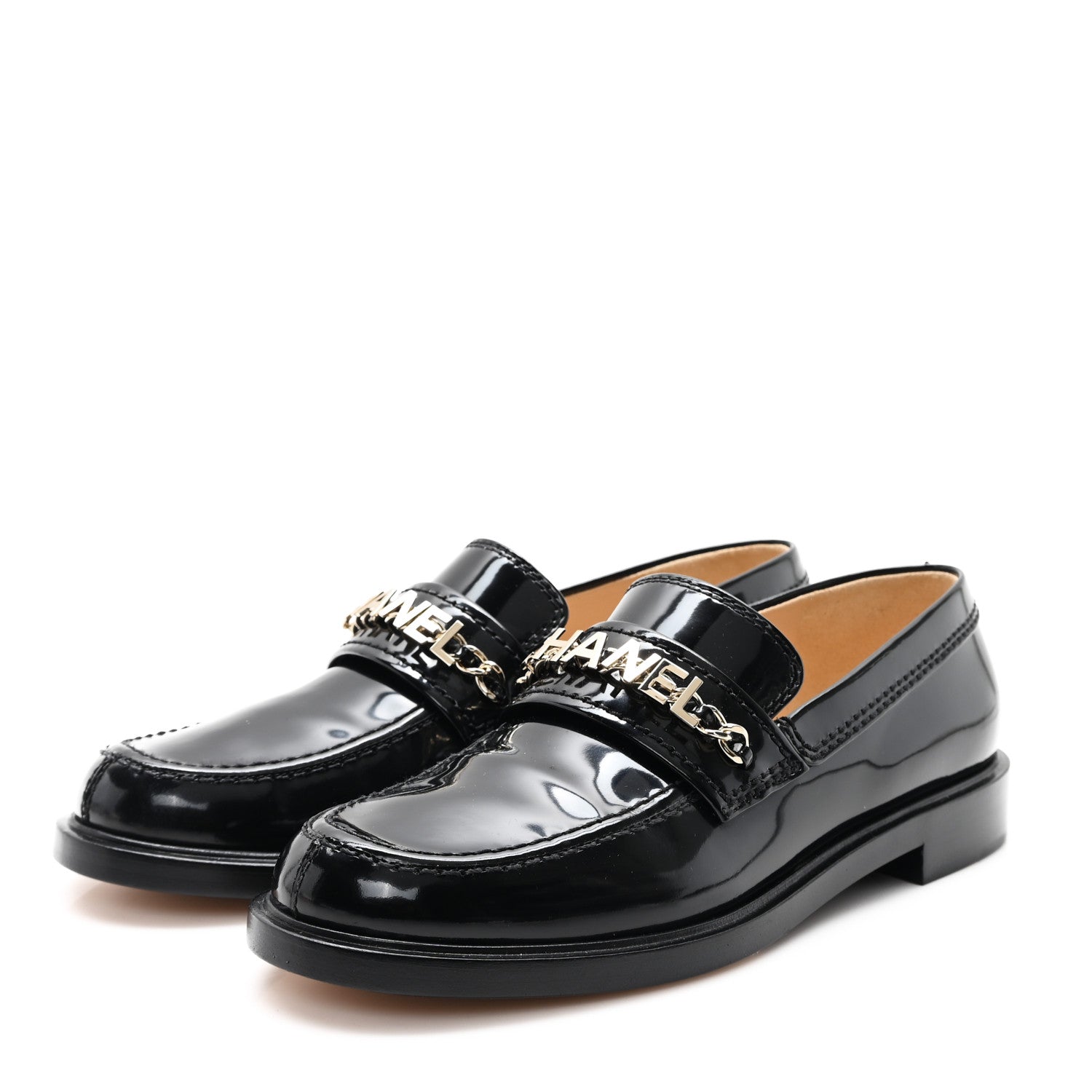 Chanel Shiny Calfskin Logo Loafers 38.5 Black 4 of 10