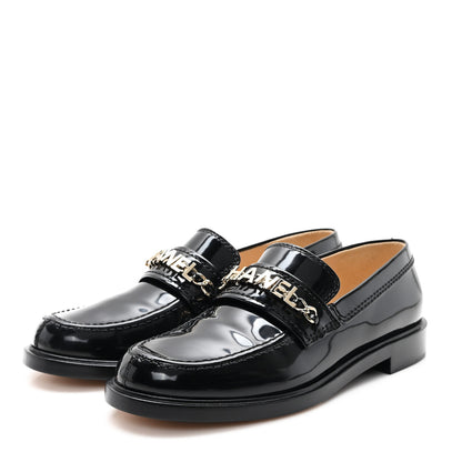 Chanel Shiny Calfskin Logo Loafers 38.5 Black 4 of 10