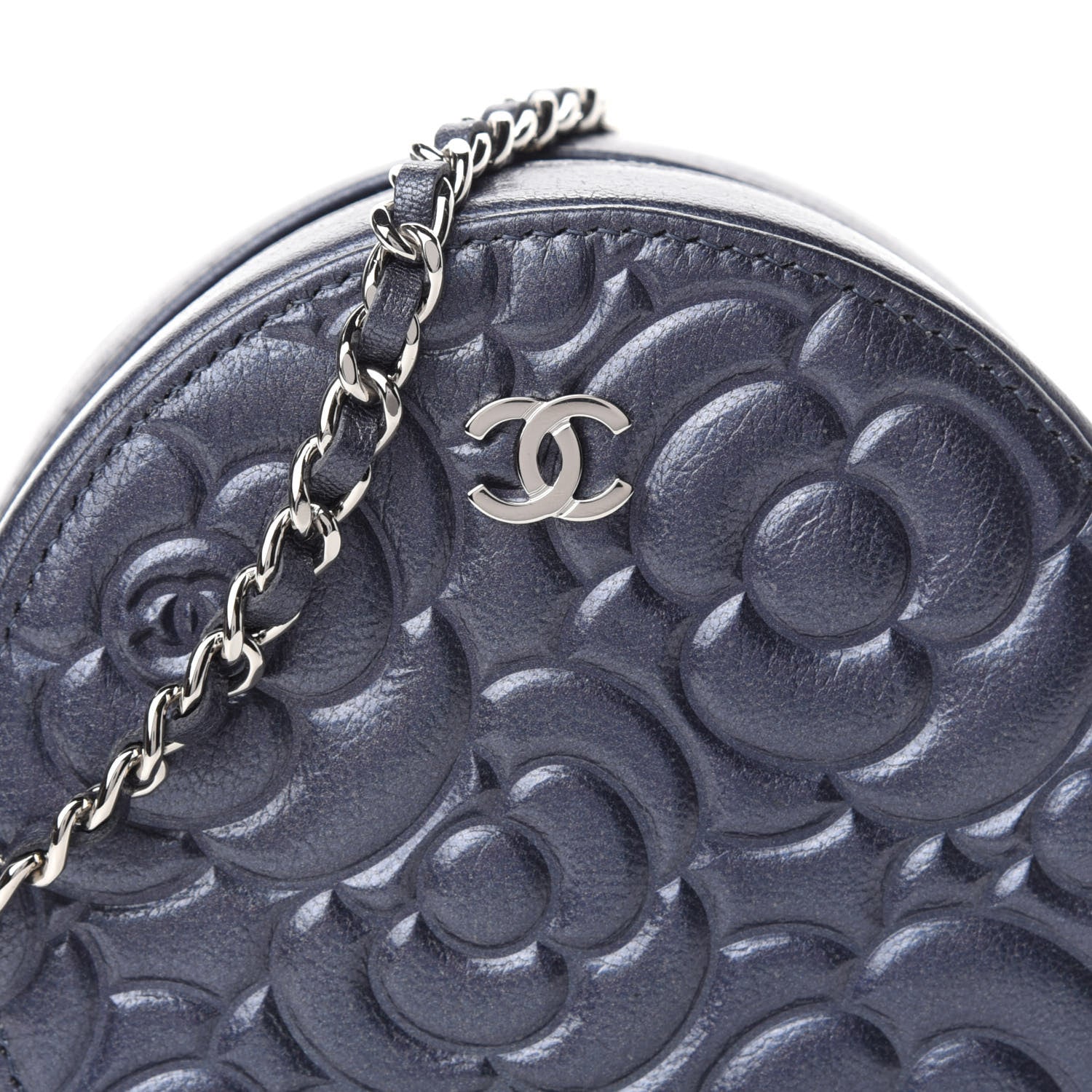 Chanel Goatskin Camellia Embossed Round Clutch With Chain Dark Blue 11 of 12