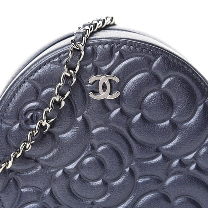 Chanel Goatskin Camellia Embossed Round Clutch With Chain Dark Blue 11 of 12
