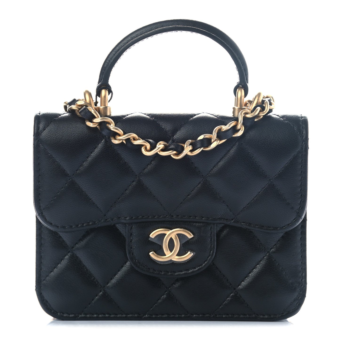 Lambskin Quilted Top Handle Flap Coin Purse With Chain Black