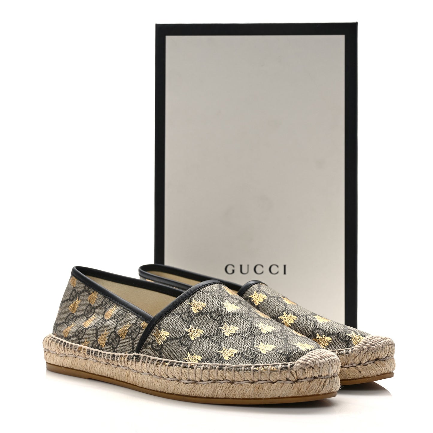 GG Supreme Monogram Bees Espadrille Flats 40 Beige Ebony Oro Black
