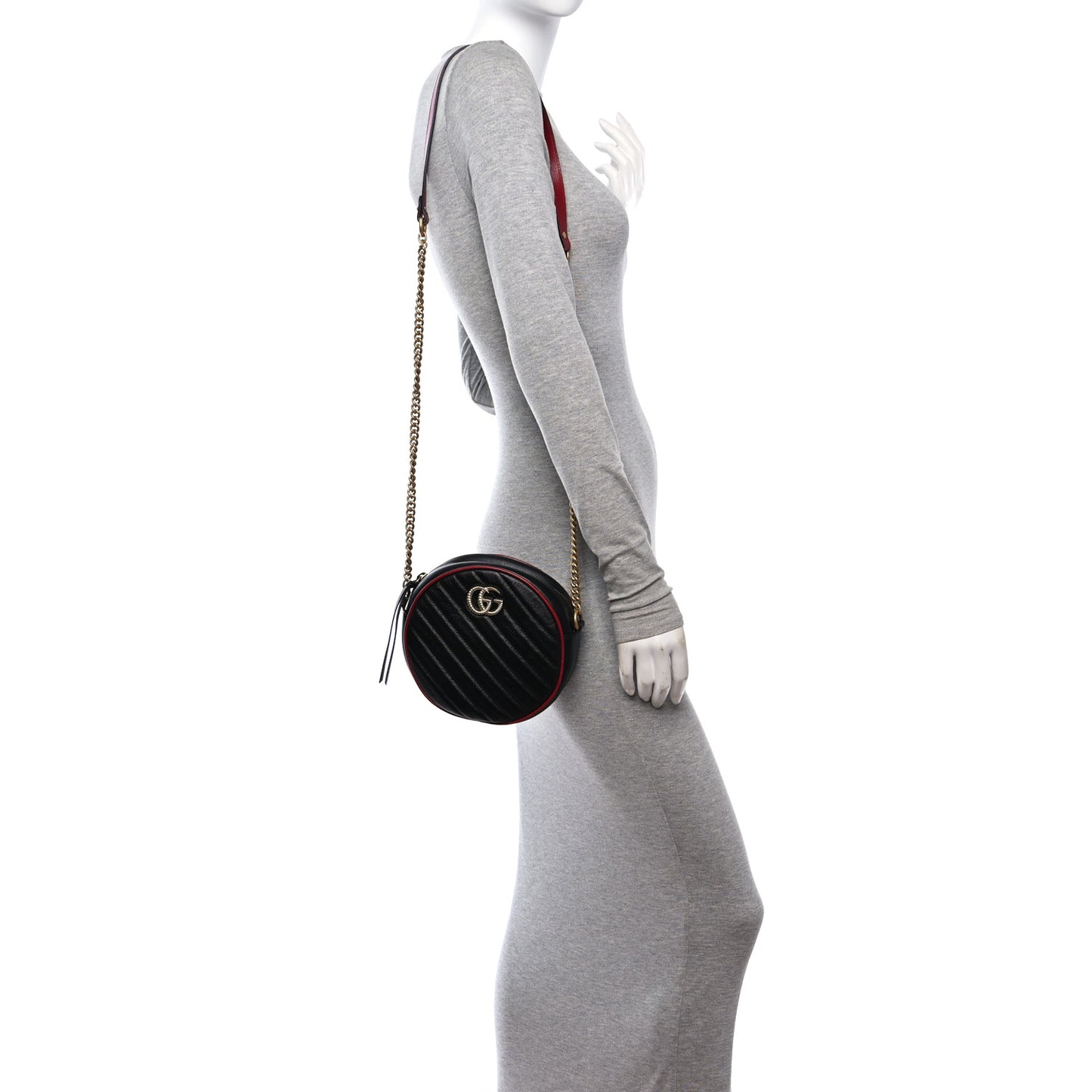 Vintage Effect Calfskin Matelasse Diagonal Mini Torchon GG Marmont Round Shoulder Bag Black Romantic Cherry