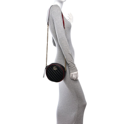 Gucci Vintage Effect Calfskin Matelasse Diagonal Mini Torchon GG Marmont Round Shoulder Bag Black Romantic Cherry 3 of 11