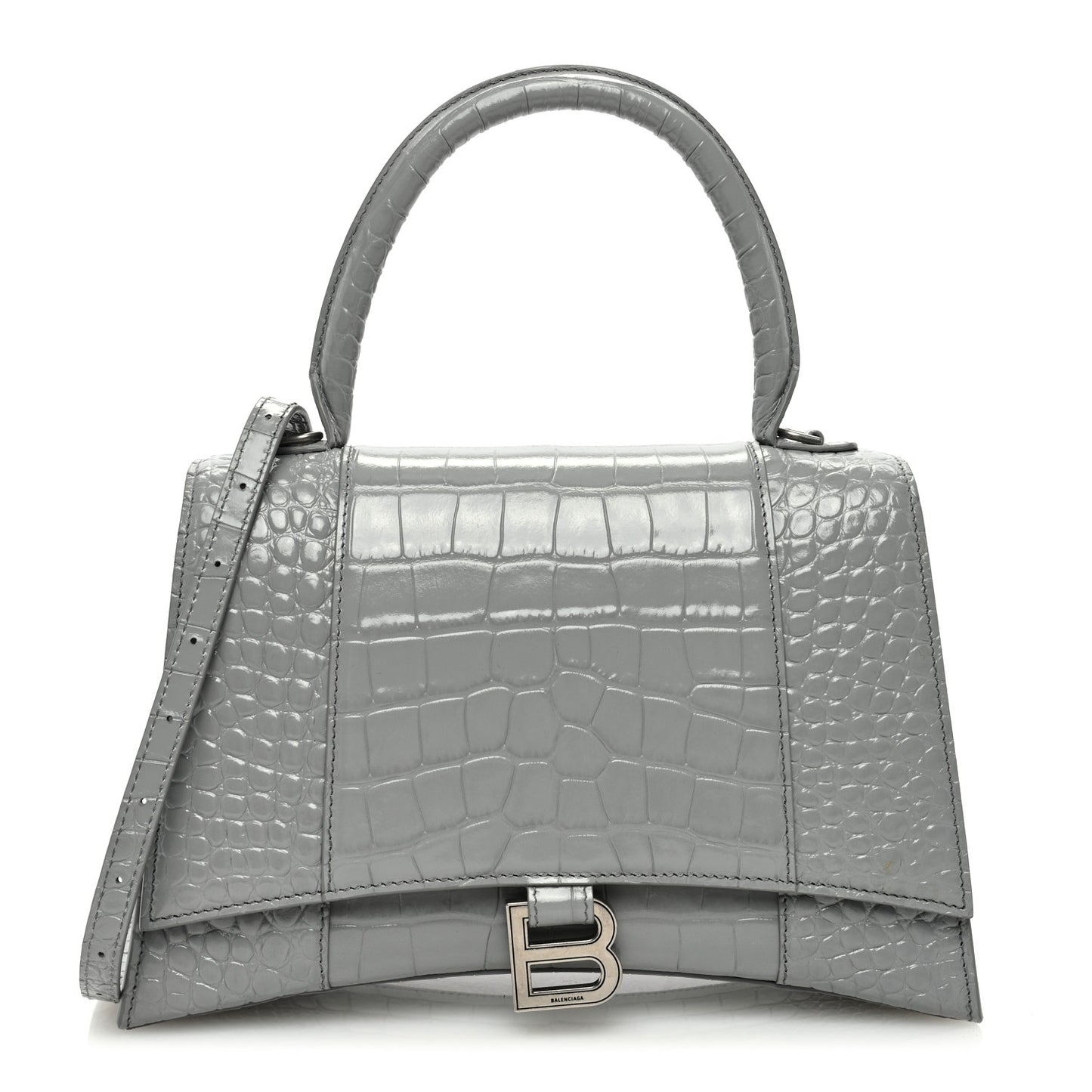 Shiny Calfskin Crocodile Embossed Medium Hourglass Top Handle Bag Balenciaga Grey