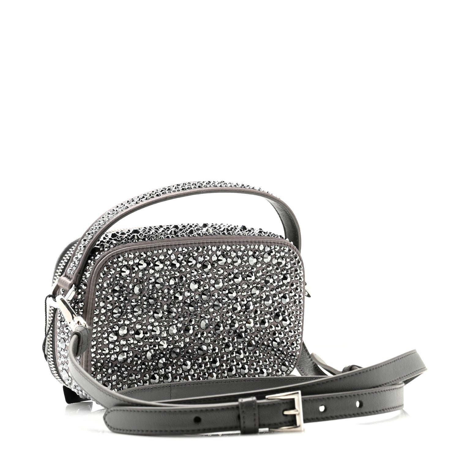 Prada Satin Crystal Metal Triangle Logo Odette Crossbody Fumo 3 of 10