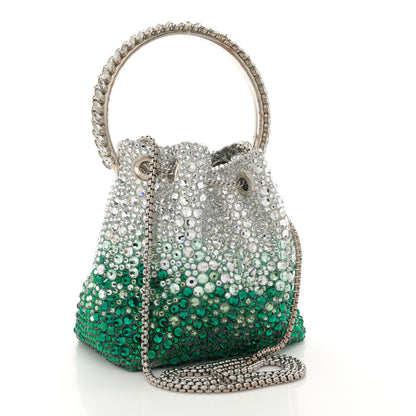 Jimmy Choo Satin Hotfix Crystal Embellished Bon Bon Bucket Bag Green Silver 3 of 15