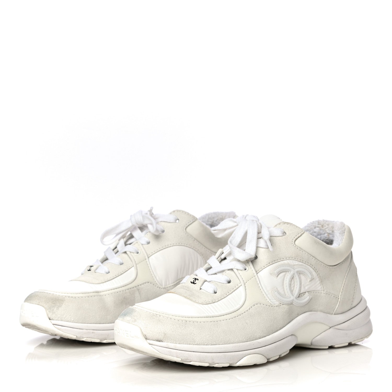 Chanel Suede Calfskin Fabric CC Sneakers 39.5 White 3 of 32