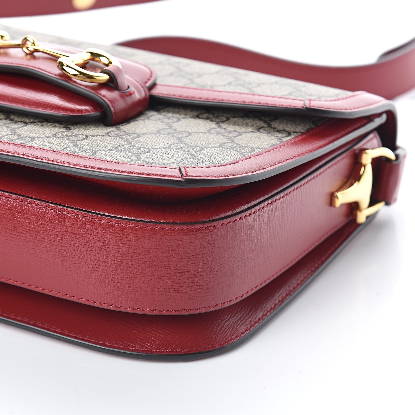 GG Supreme Monogram Azalea Calfskin Horsebit 1955 Shoulder Bag Beige Ebony New Cherry Red