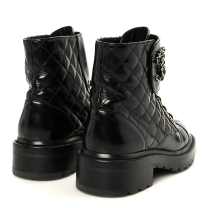 Chanel Shiny Calfskin Quilted Lace Up Combat Boots 37 Black 5 of 11