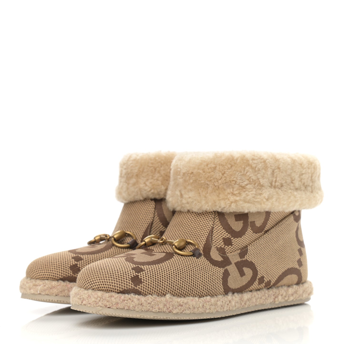 Monogram Jumbo GG Wool Womens Fria Horsebit Ankle Boots 36 Camel Ebony Butterscotch