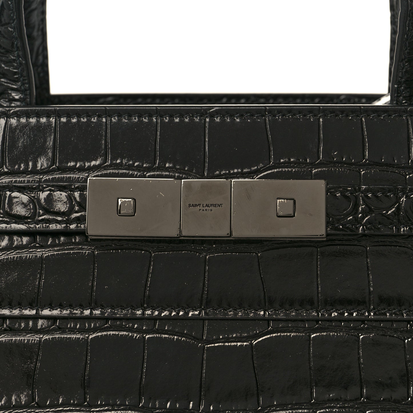 Shiny Calfskin Crocodile Embossed Small Manhattan Shopper Tote Black