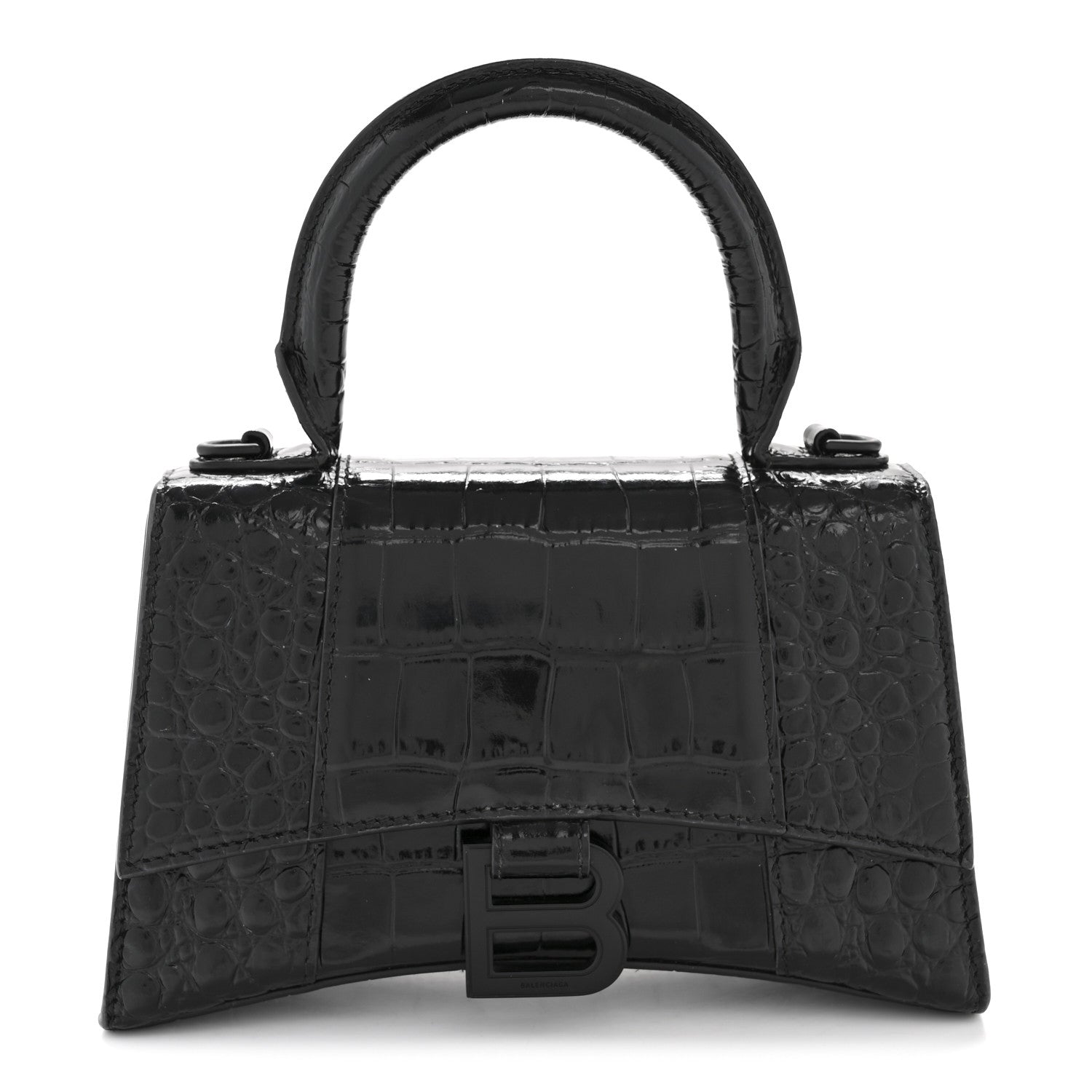 Balenciaga Shiny Calfskin Monochrome Crocodile Embossed Hourglass Top Handle Bag XS Black 1 of 15