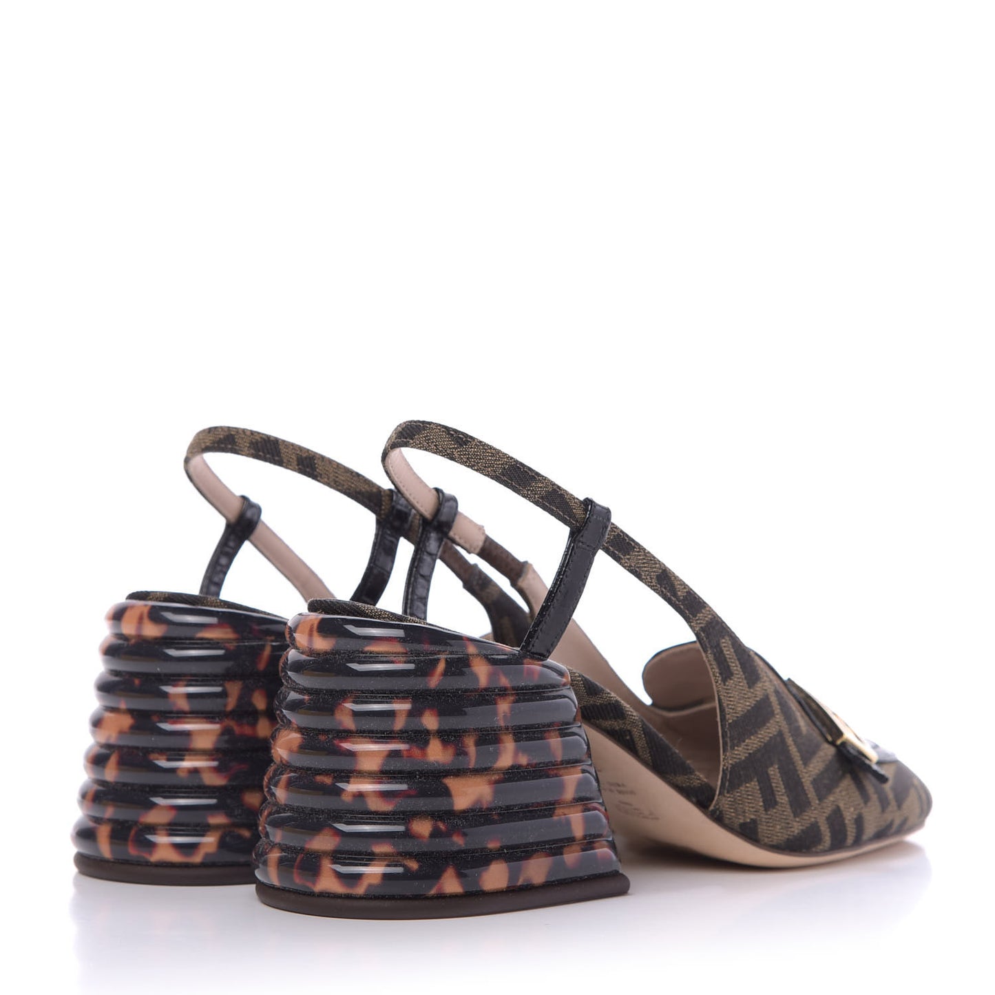 Jacquard Calfskin FF Tortoise Promenade Slingback Loafer Pumps 37.5 Tobacco
