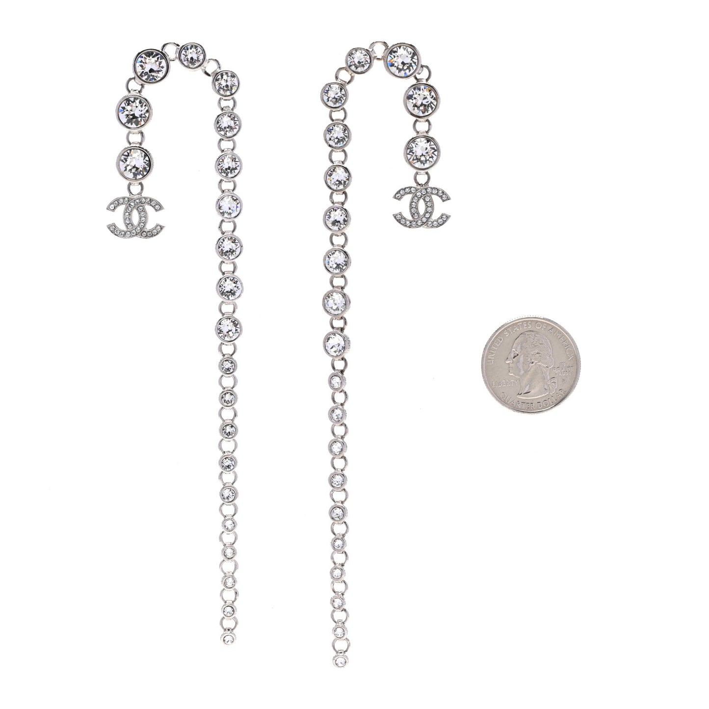 Metal Crystal CC Long Drop Earrings Silver