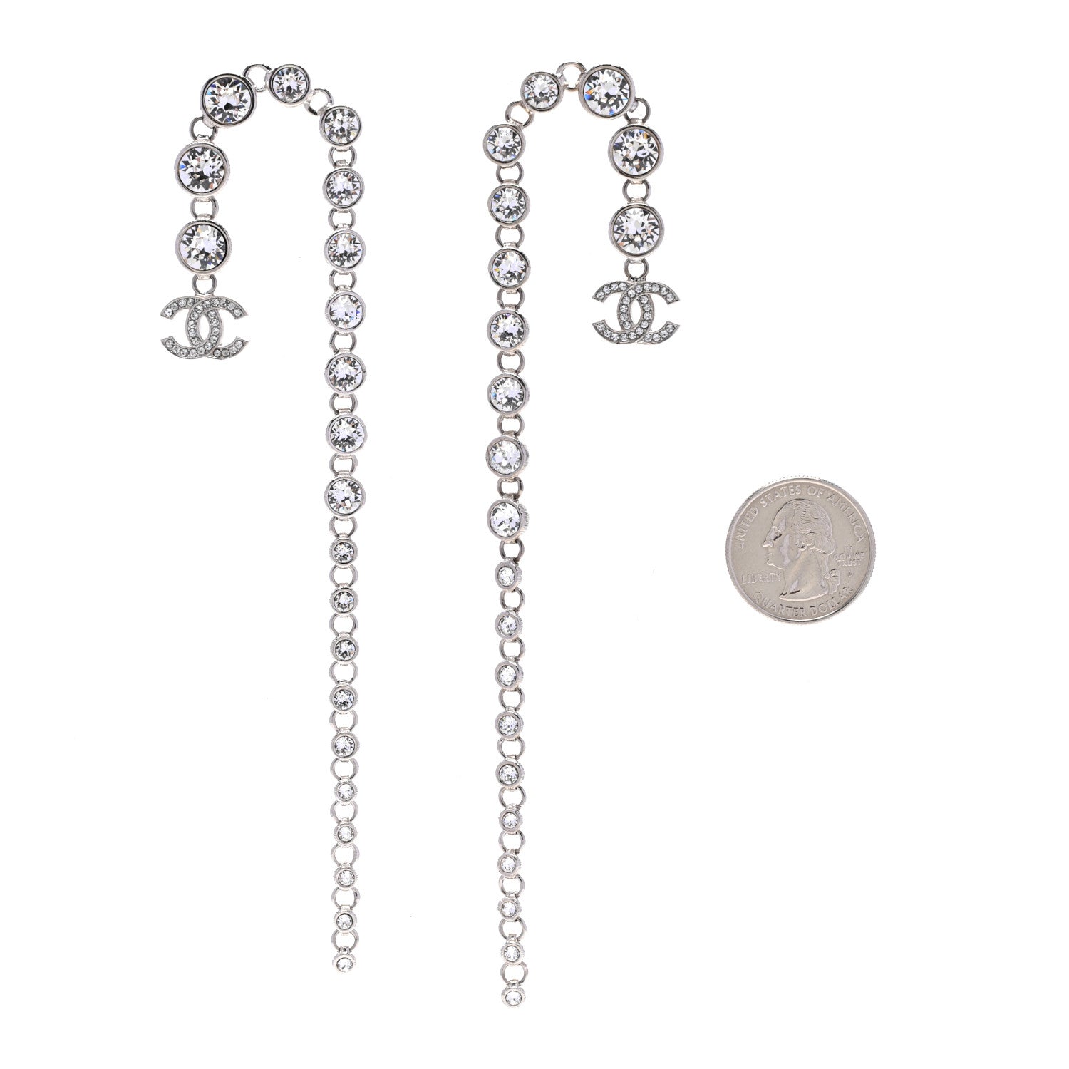 Chanel Metal Crystal CC Long Drop Earrings Silver 1328069