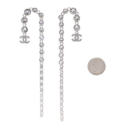 Chanel Metal Crystal CC Long Drop Earrings Silver 2 of 5
