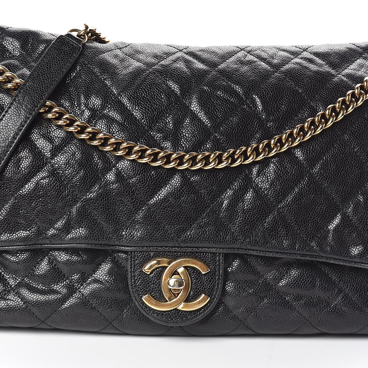 Crumpled Grained Calfskin Quilted Maxi Shiva Flap Black