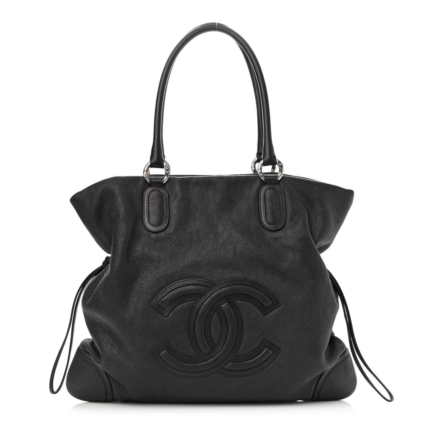 Washed Calfskin Drawstring Tote Black