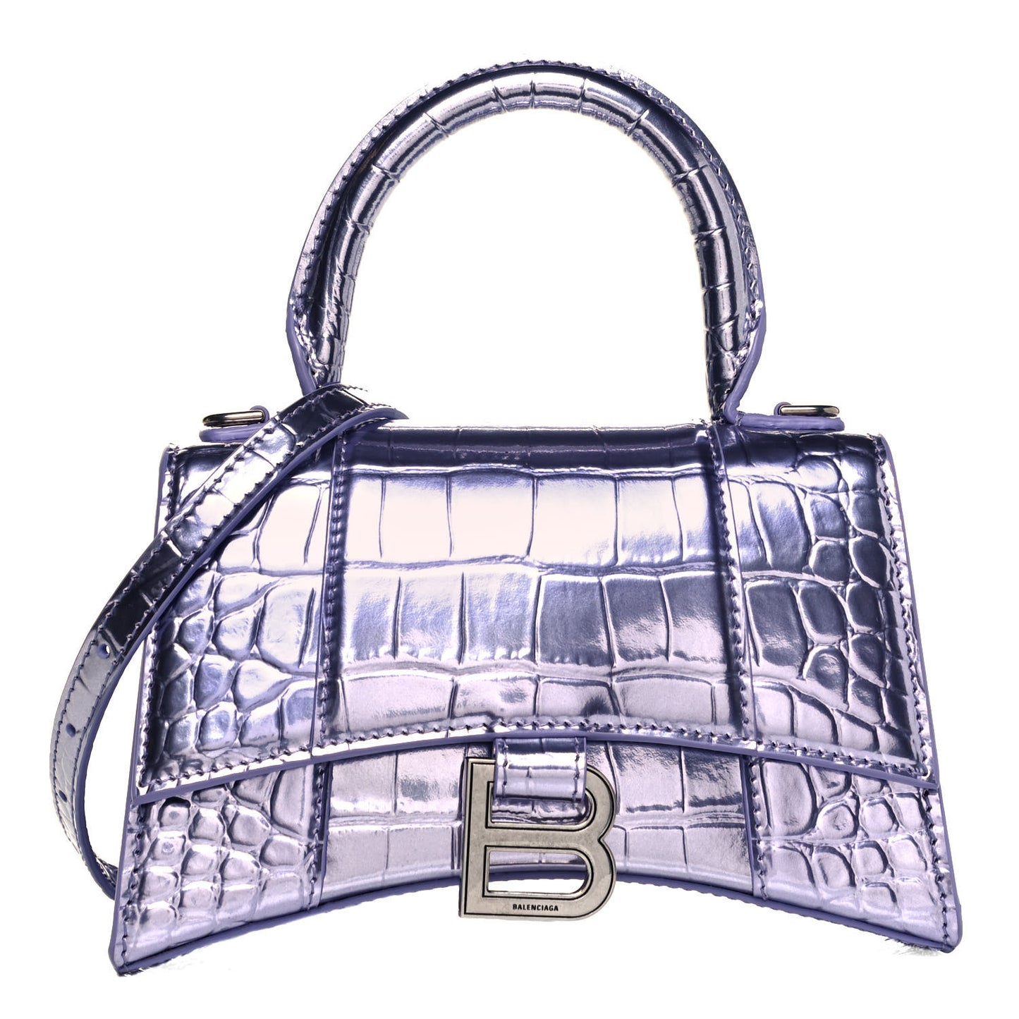 Metallic Calfskin Crocodile Embossed Hourglass Top Handle Bag XS Lilac