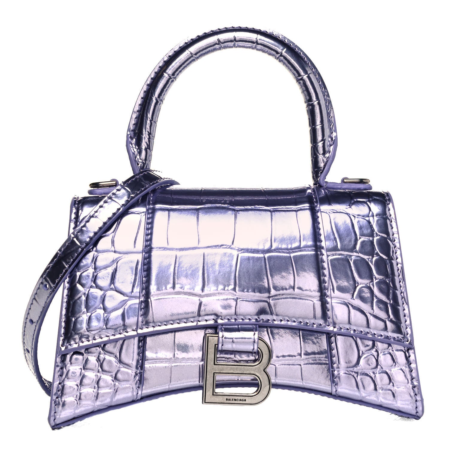 Balenciaga Metallic Calfskin Crocodile Embossed Hourglass Top Handle Bag XS Lilac 1 of 8