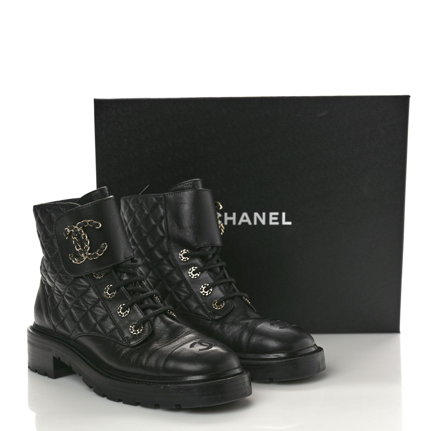 Chanel Shiny Lambskin Quilted Lace Up Combat Boots 40 Black 9 of 9
