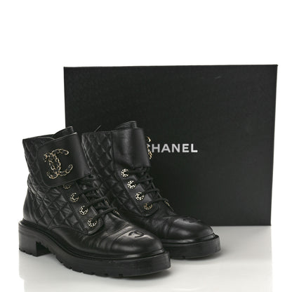 Chanel Shiny Lambskin Quilted Lace Up Combat Boots 40 Black 9 of 9