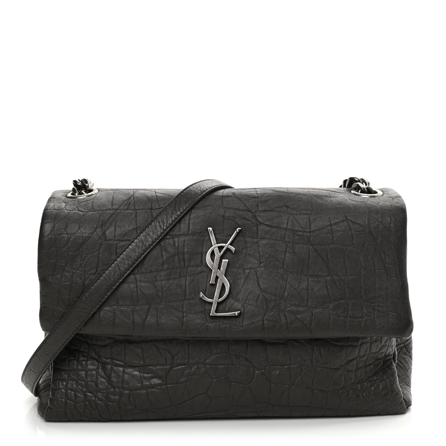 Saint Laurent Calfskin Crocodile Embossed Medium West Hollywood Monogram Fold-Over Grey 1 of 10