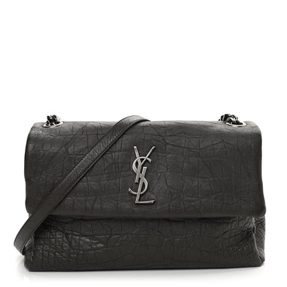 Saint Laurent Calfskin Crocodile Embossed Medium West Hollywood Monogram Fold-Over Grey 1 of 10