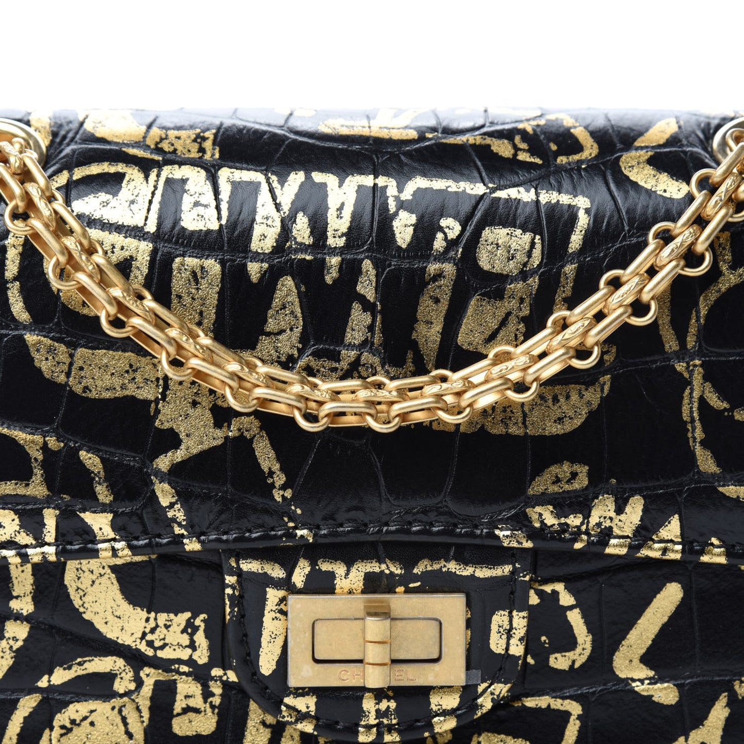 Calfskin Crocodile Embossed Graffiti 2.55 Mini Cocodile Reissue Flap Black Gold