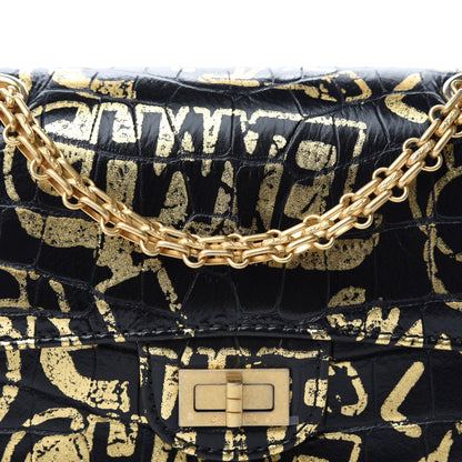 Chanel Calfskin Crocodile Embossed Graffiti 2.55 Mini Cocodile Reissue Flap Black Gold 10 of 11