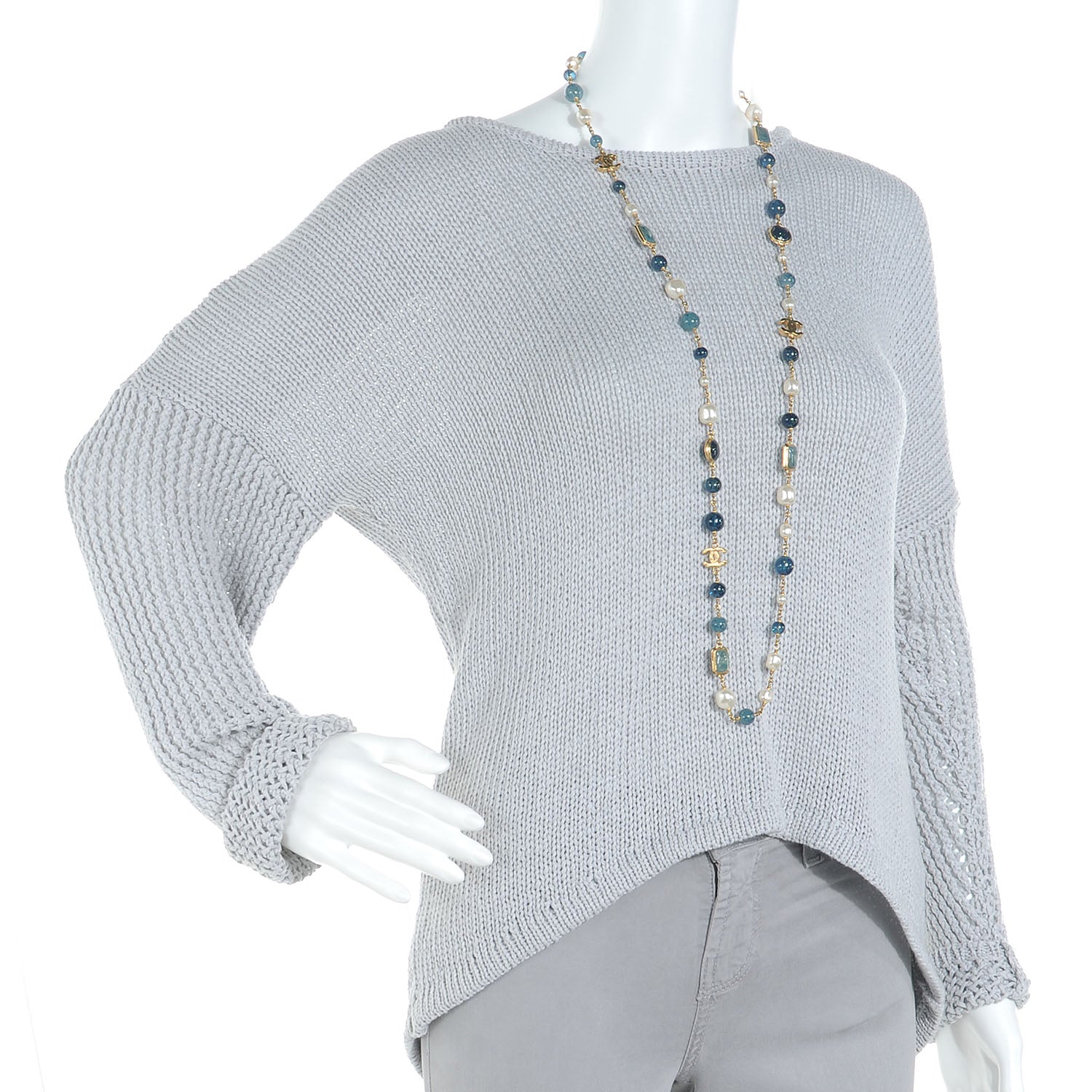 Chanel Beaded Pearl CC Long Strand Necklace Gold Blue 2 of 4