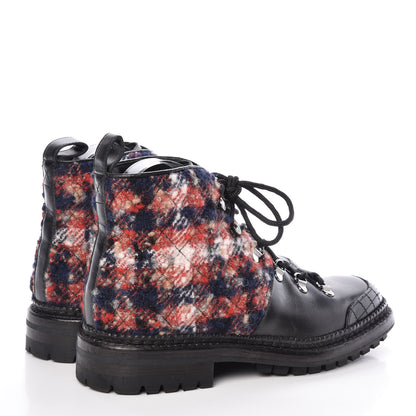Chanel Calfskin Tweed Quilted Lace Up Short Boots 37 Black Multicolor 4 of 6