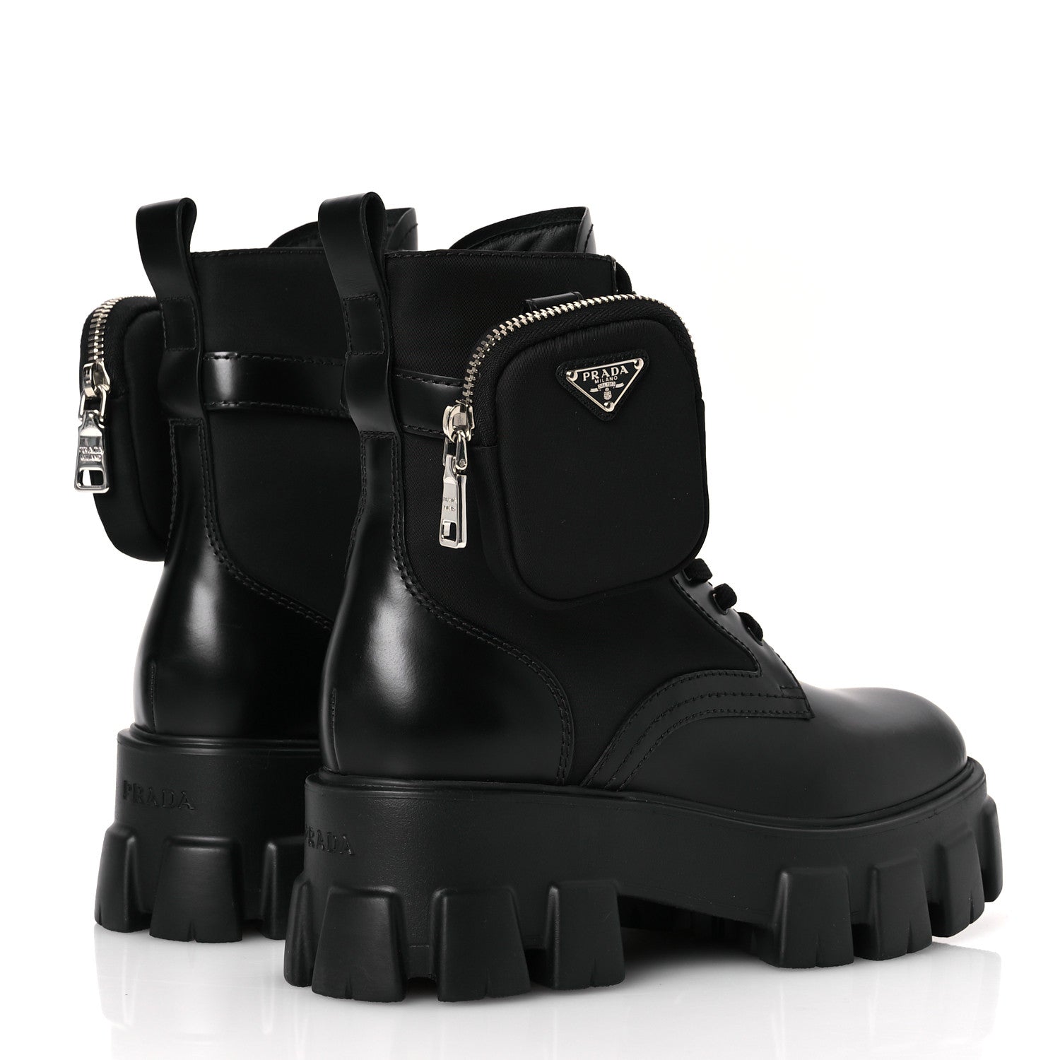 Prada Spazzolato Rois Nylon Metal Triangle Logo Monolith Pouch Pocket 55mm Boots 38 Black 5 of 11