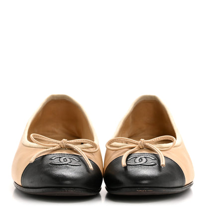 Chanel Lambskin Cap Toe CC Ballerina Flats 37 Beige Black 3 of 11